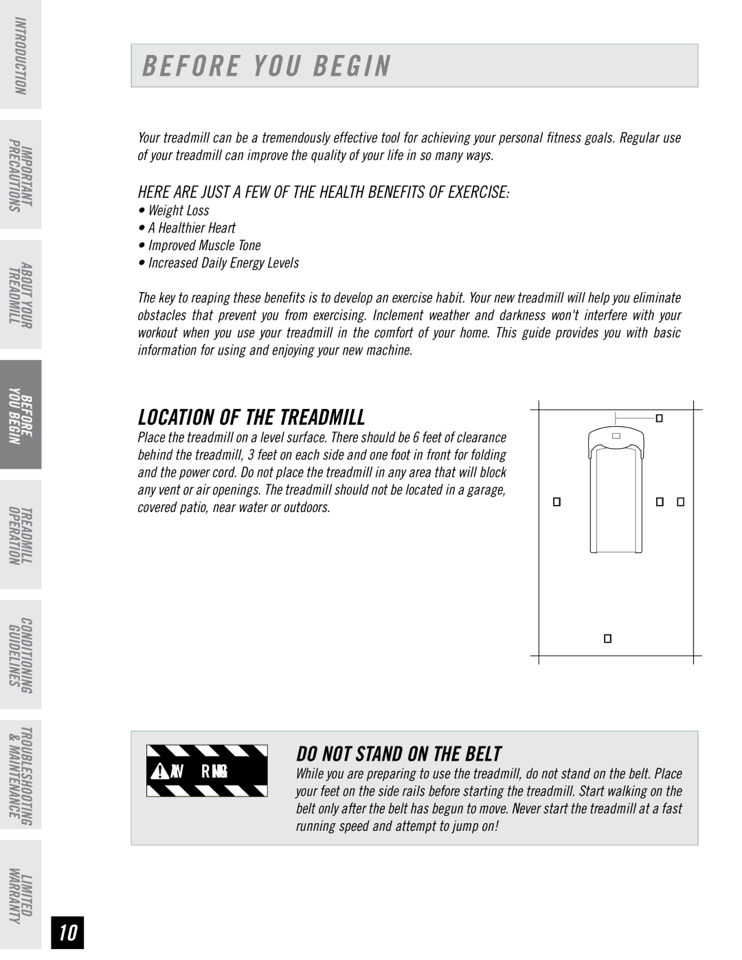 Tempo EVOLVE manual Before YOU Begin, Location of the Treadmill, Here are just a few of the health benefits of exercise 