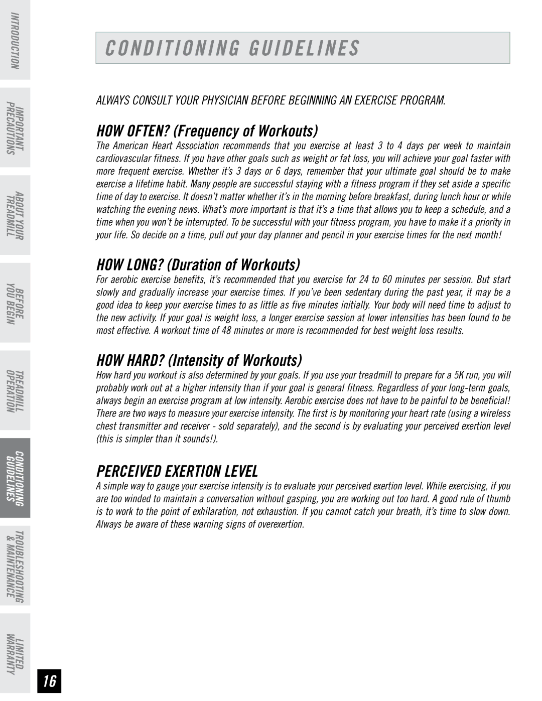 Tempo EVOLVE manual Conditioning Guidelines, Perceived Exertion Level 