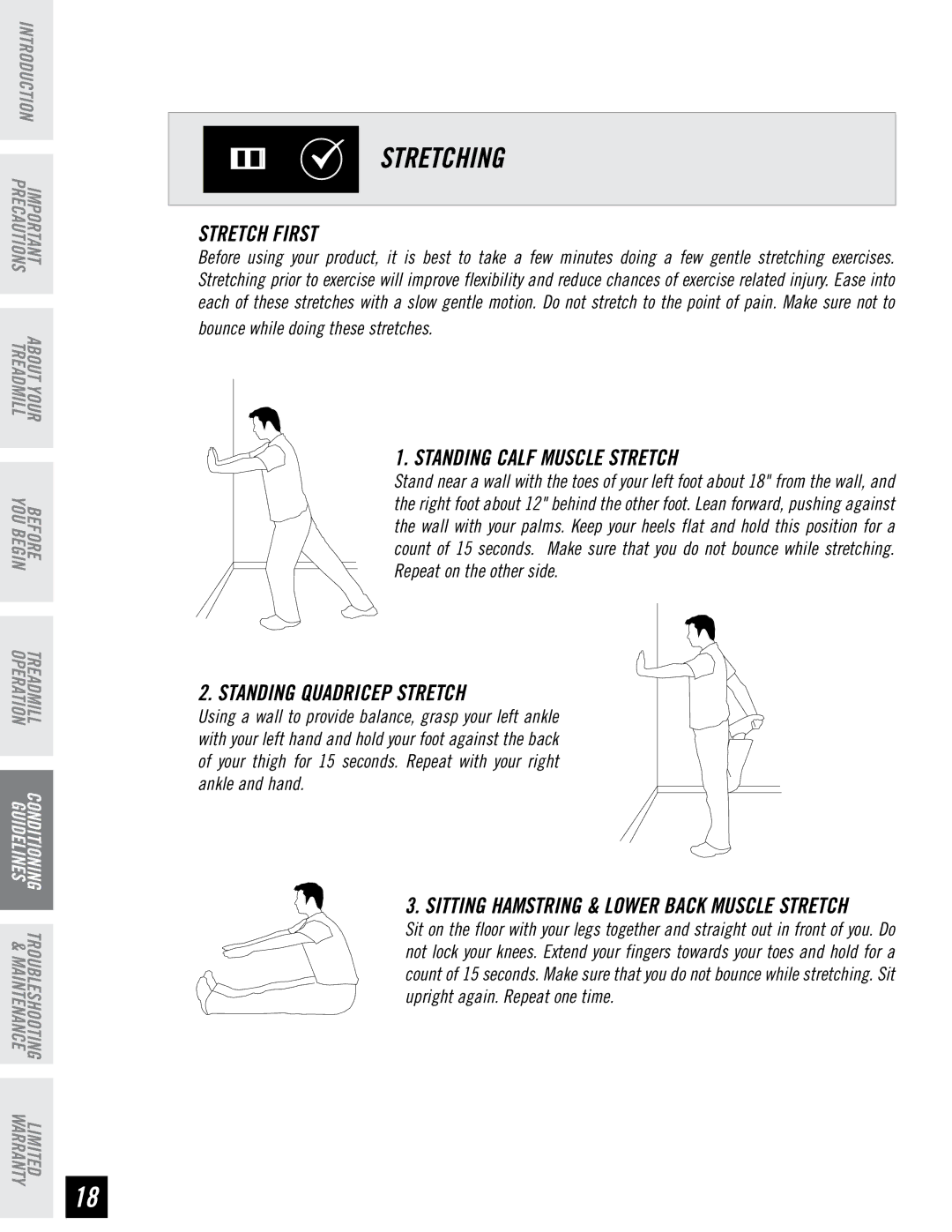 Tempo EVOLVE manual P S Stretching, Stretch First, Standing Calf Muscle Stretch, Standing Quadricep Stretch 