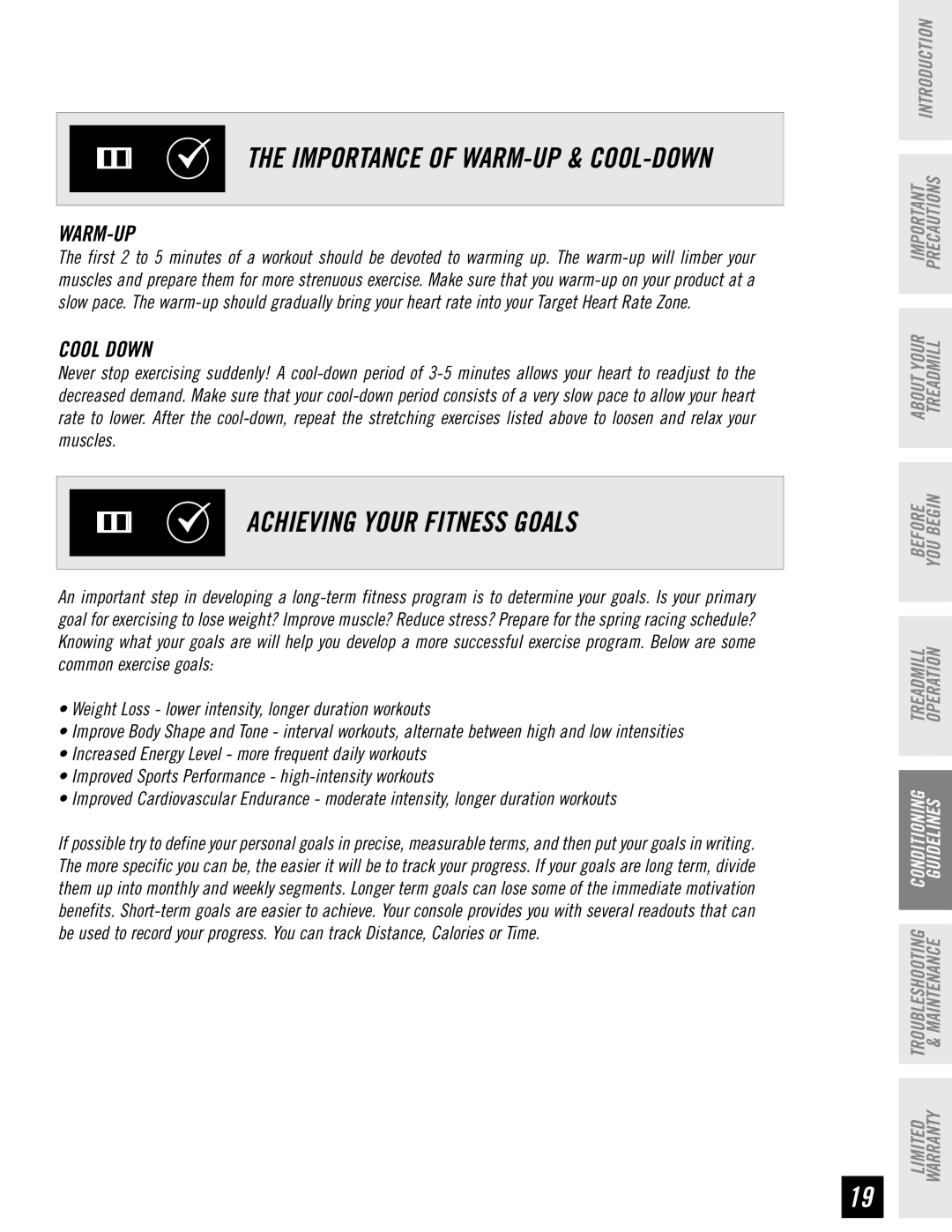 Tempo EVOLVE manual P S the Importance of WARM-UP & COOL-DOWN, P S Achieving Your Fitness Goals, Warm-Up, Cool Down 