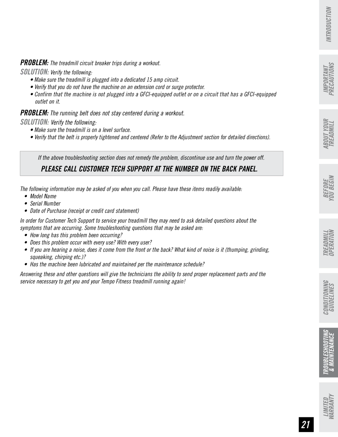 Tempo EVOLVE manual Make sure the treadmill is on a level surface 