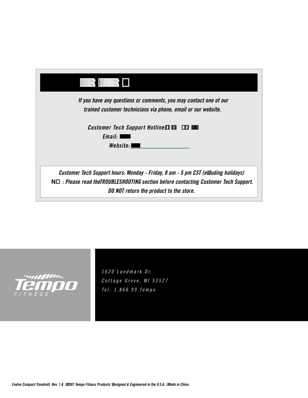 Tempo EVOLVE manual Customer Tech Support 