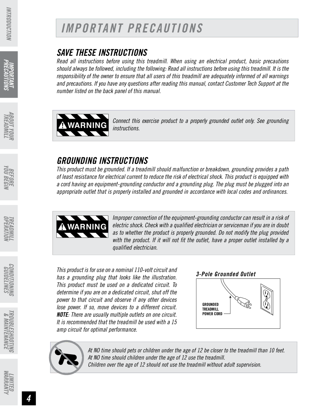 Tempo EVOLVE manual Important Precautions, Grounding Instructions, Qualified electrician, Pole Grounded Outlet 