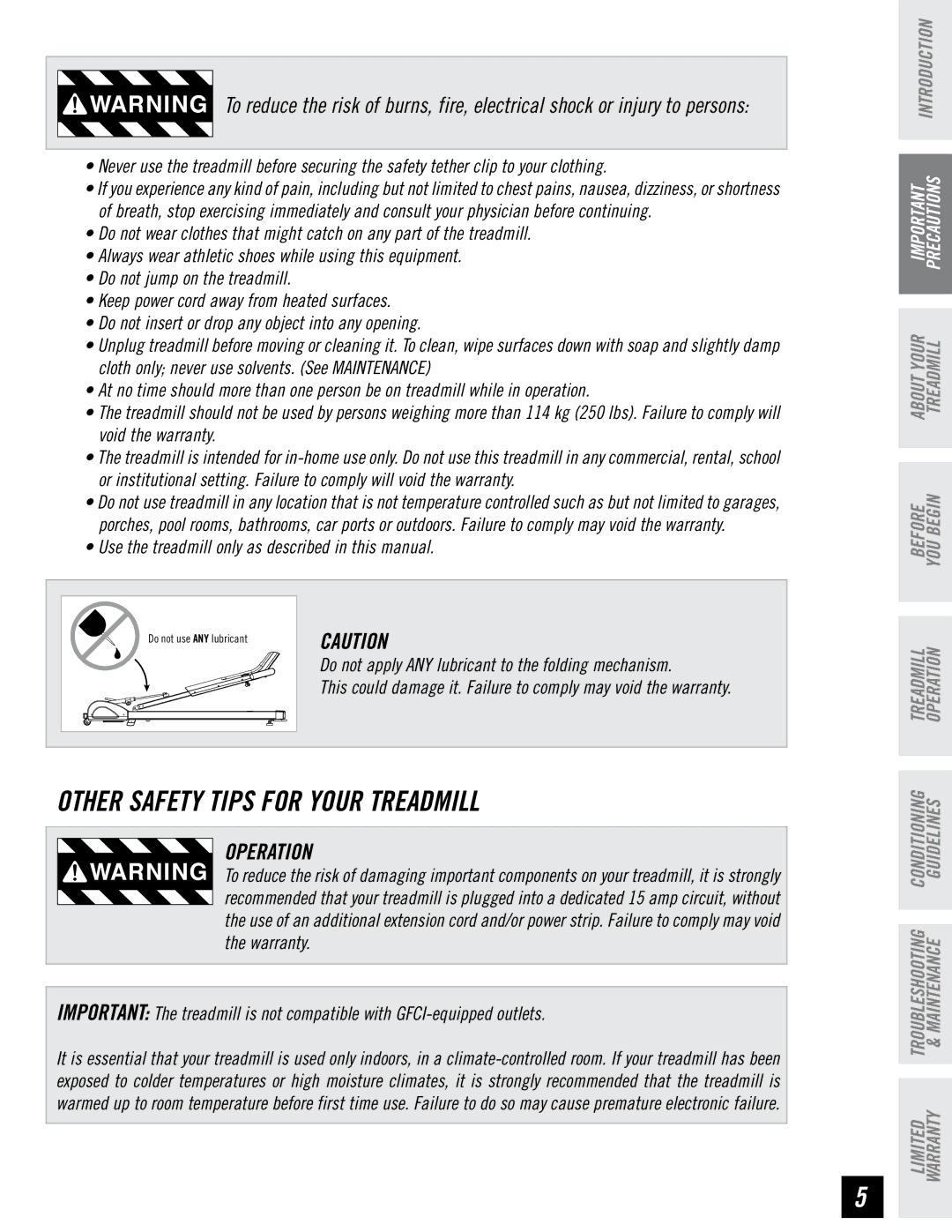 Tempo EVOLVE Operation, Use the treadmill only as described in this manual, Warranty 