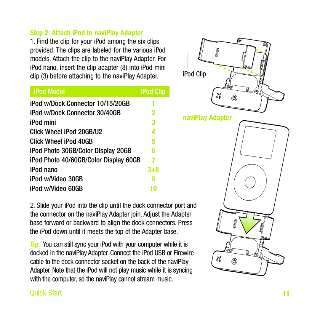 TEN Technology naviPlay Bluetooth Stereo Headset Kit for iPod manual Attach iPod to naviPlay Adapter, iPod mini, iPod nano 