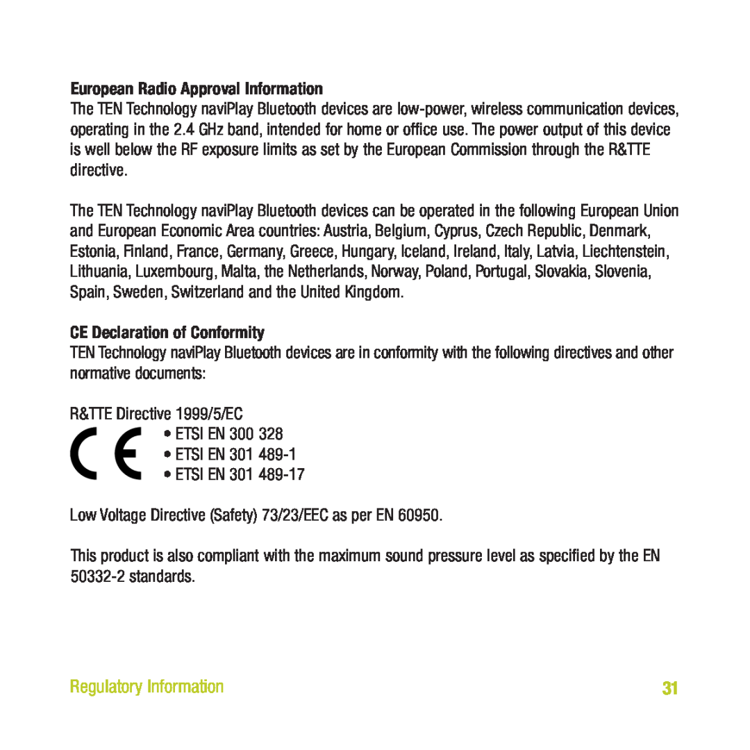 TEN Technology naviPlay Bluetooth Stereo Headset Kit for iPod European Radio Approval Information, Regulatory Information 