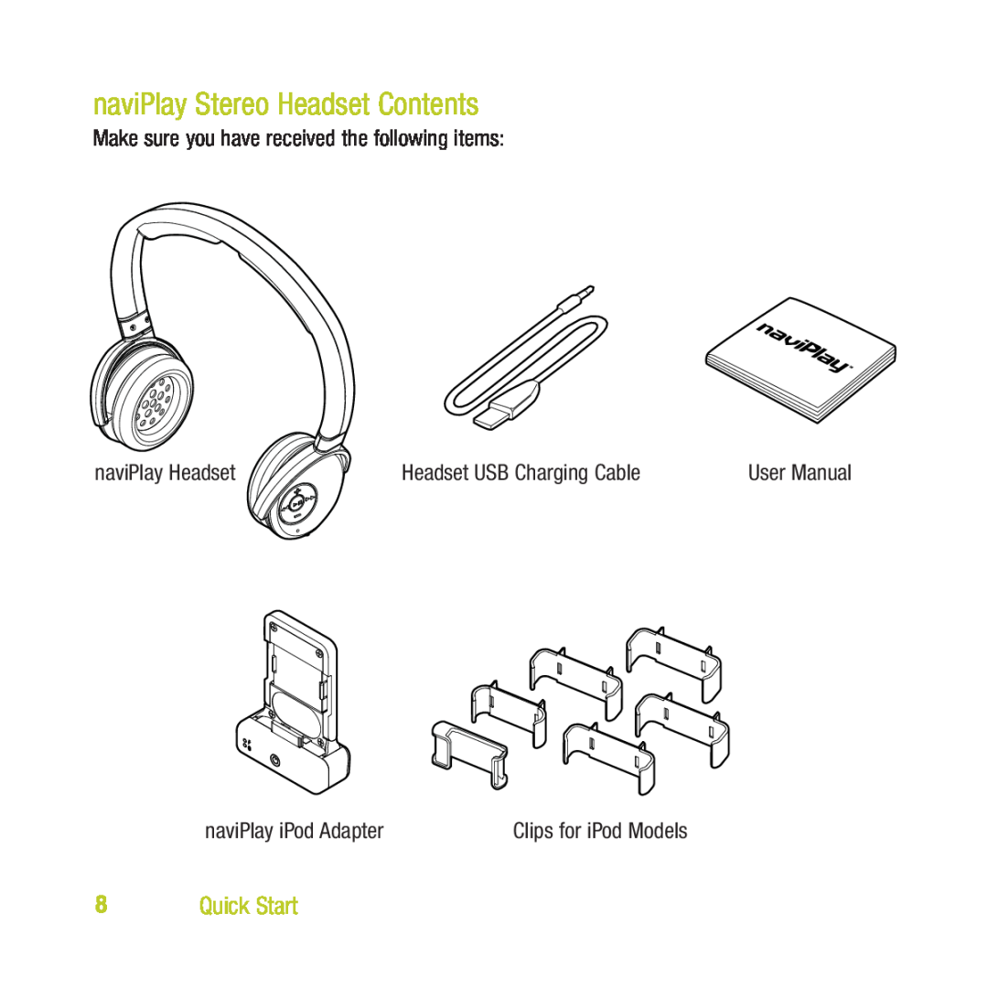 TEN Technology naviPlay Bluetooth Stereo Headset Kit for iPod manual naviPlay Stereo Headset Contents, Quick Start 