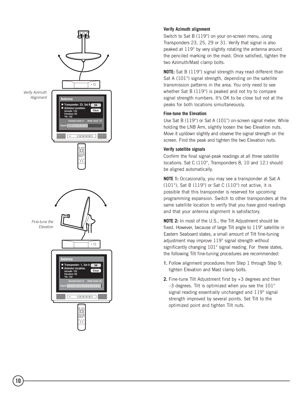 TERK Technologies 1DIRECTV installation manual Verify Azimuth alignment, Fine-tune the Elevation, Verify satellite signals 