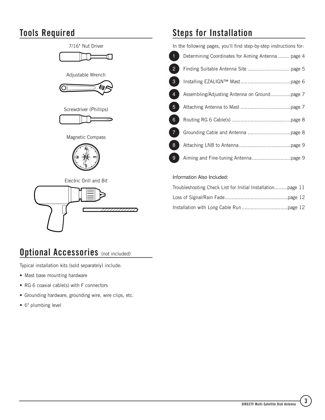 TERK Technologies 1DIRECTV installation manual Tools Required, Optional Accessories not included, Steps for Installation 