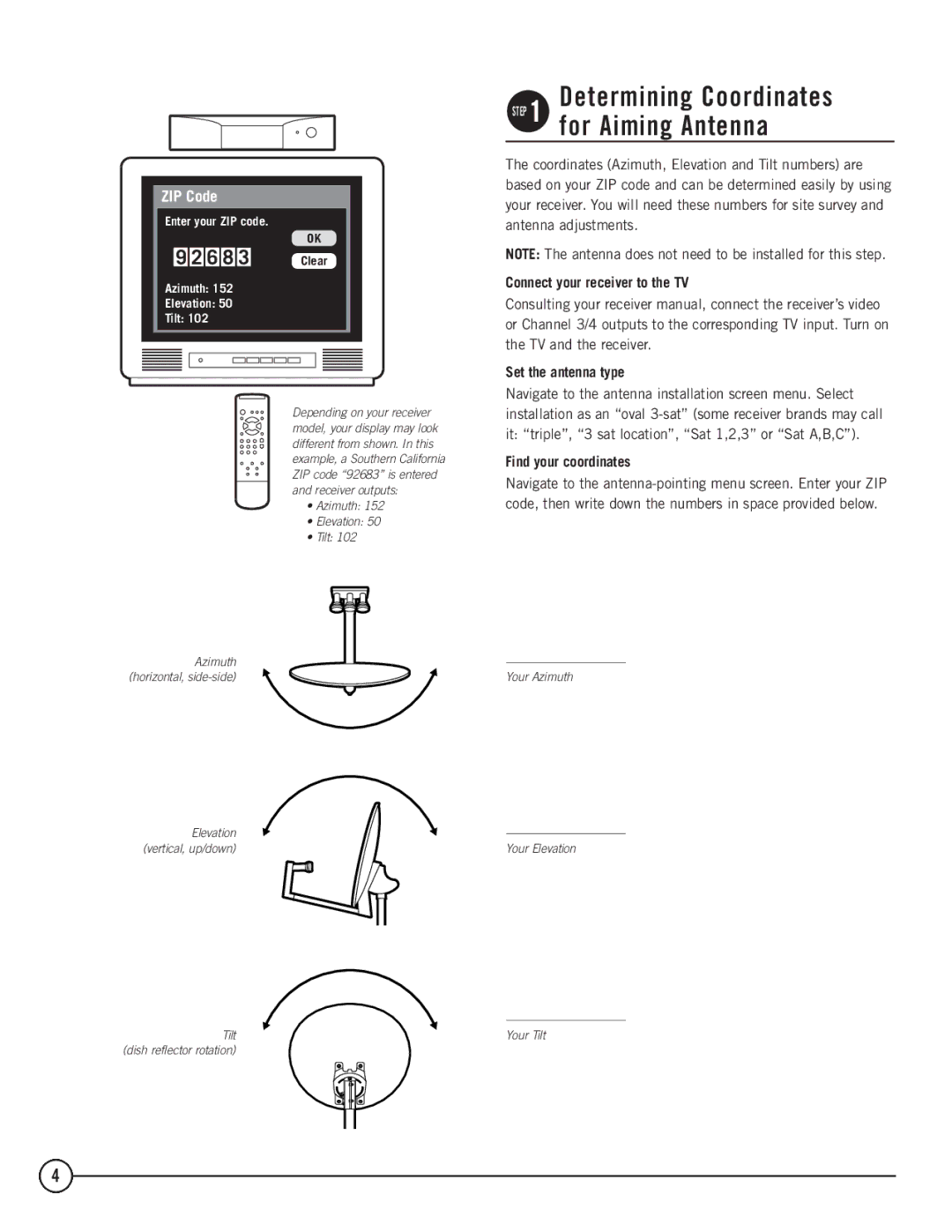 TERK Technologies 1DIRECTV installation manual Connect your receiver to the TV, Set the antenna type, Find your coordinates 