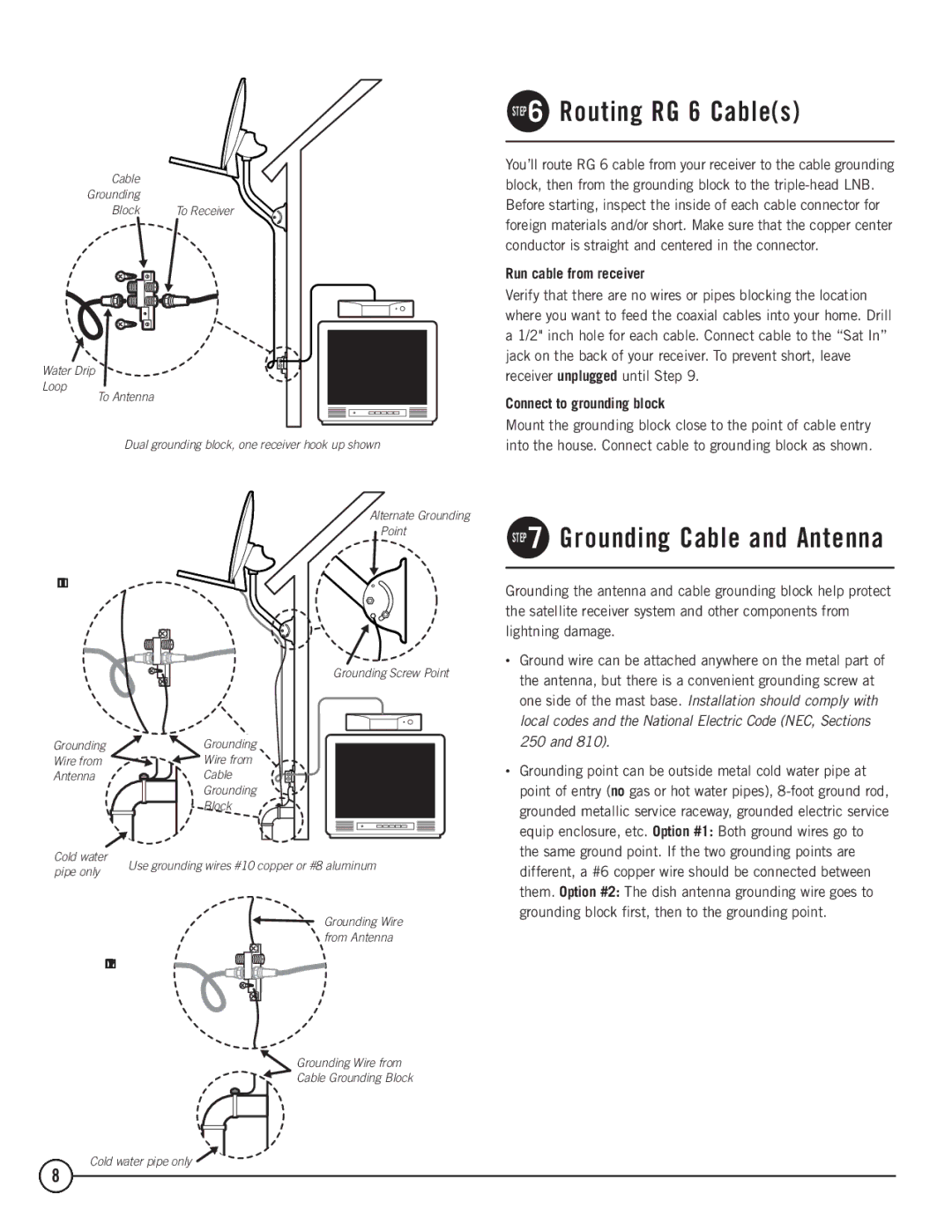 TERK Technologies 1DIRECTV installation manual Routing RG 6 Cables, Run cable from receiver, Connect to grounding block 