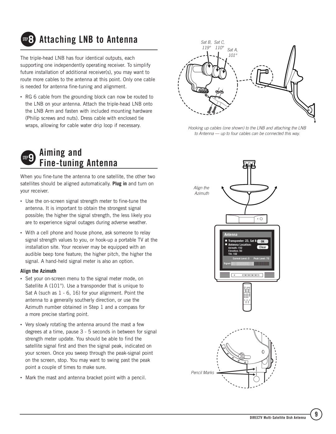 TERK Technologies 1DIRECTV Attaching LNB to Antenna, Aiming Fine-tuning Antenna, Align the Azimuth, Pencil Marks 