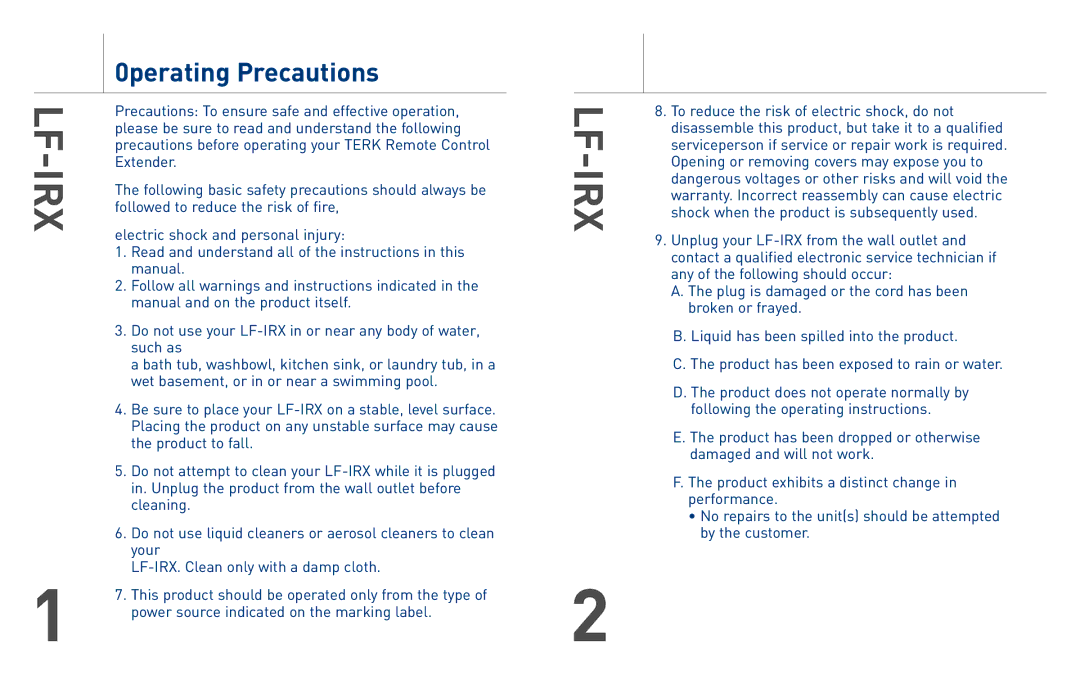 TERK Technologies LF-IRX owner manual Lf-Irx, 0perating Precautions 