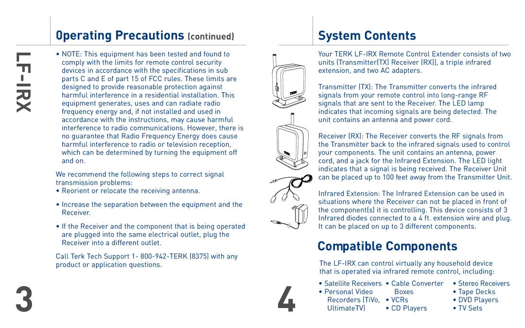 TERK Technologies LF-IRX owner manual System Contents, Compatible Components 