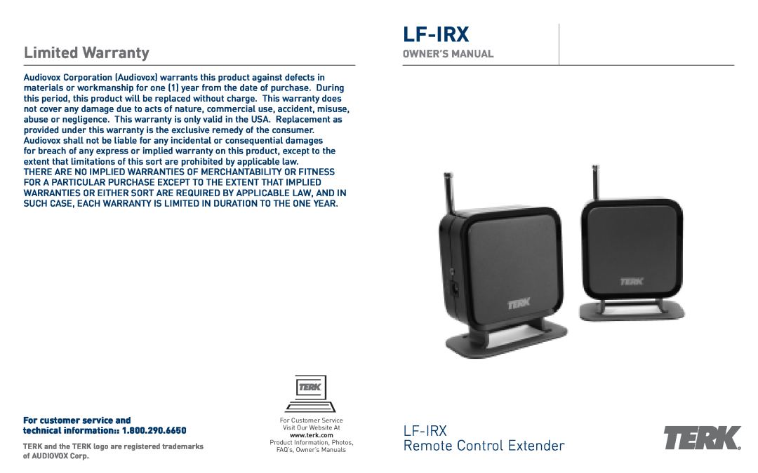 TERK Technologies owner manual Lf-Irx, Limited Warranty, LF-IRX Remote Control Extender 