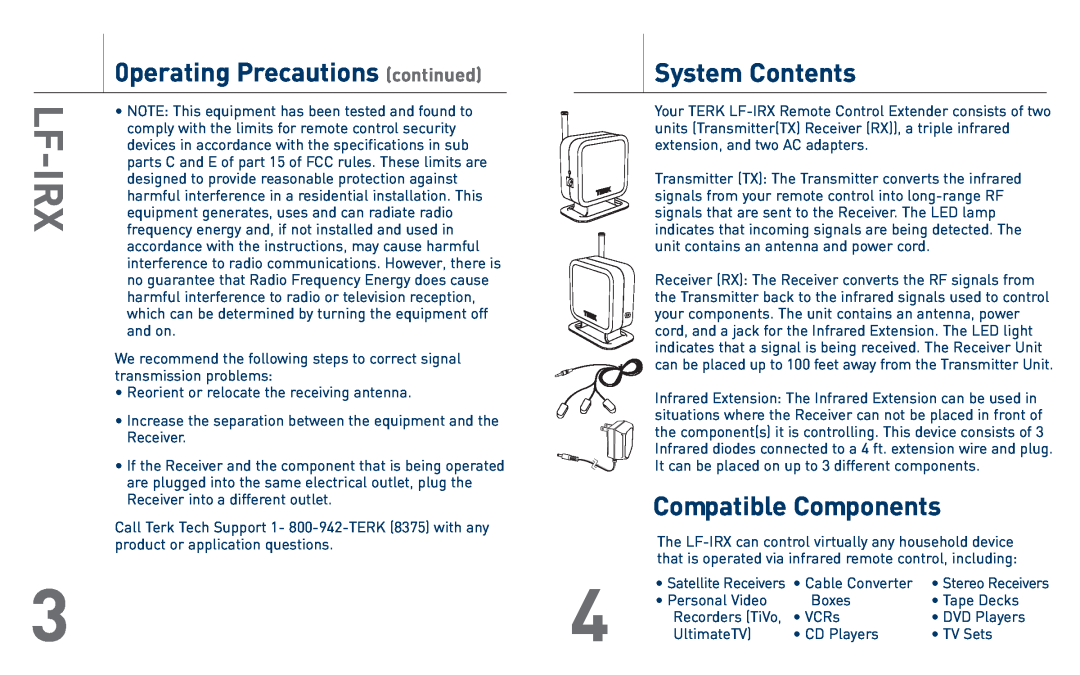 TERK Technologies LF-IRX owner manual 0perating Precautions continued, System Contents, Compatible Components, Lf-Irx 