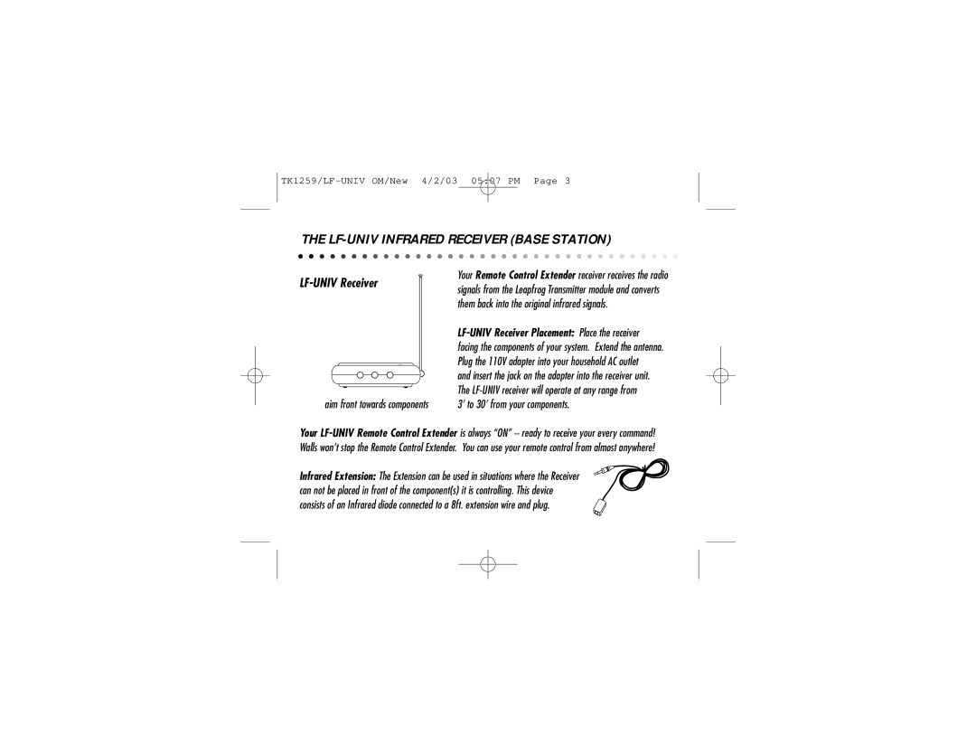 TERK Technologies owner manual LF-UNIV Infrared Receiver Base Station, LF-UNIV Receiver 