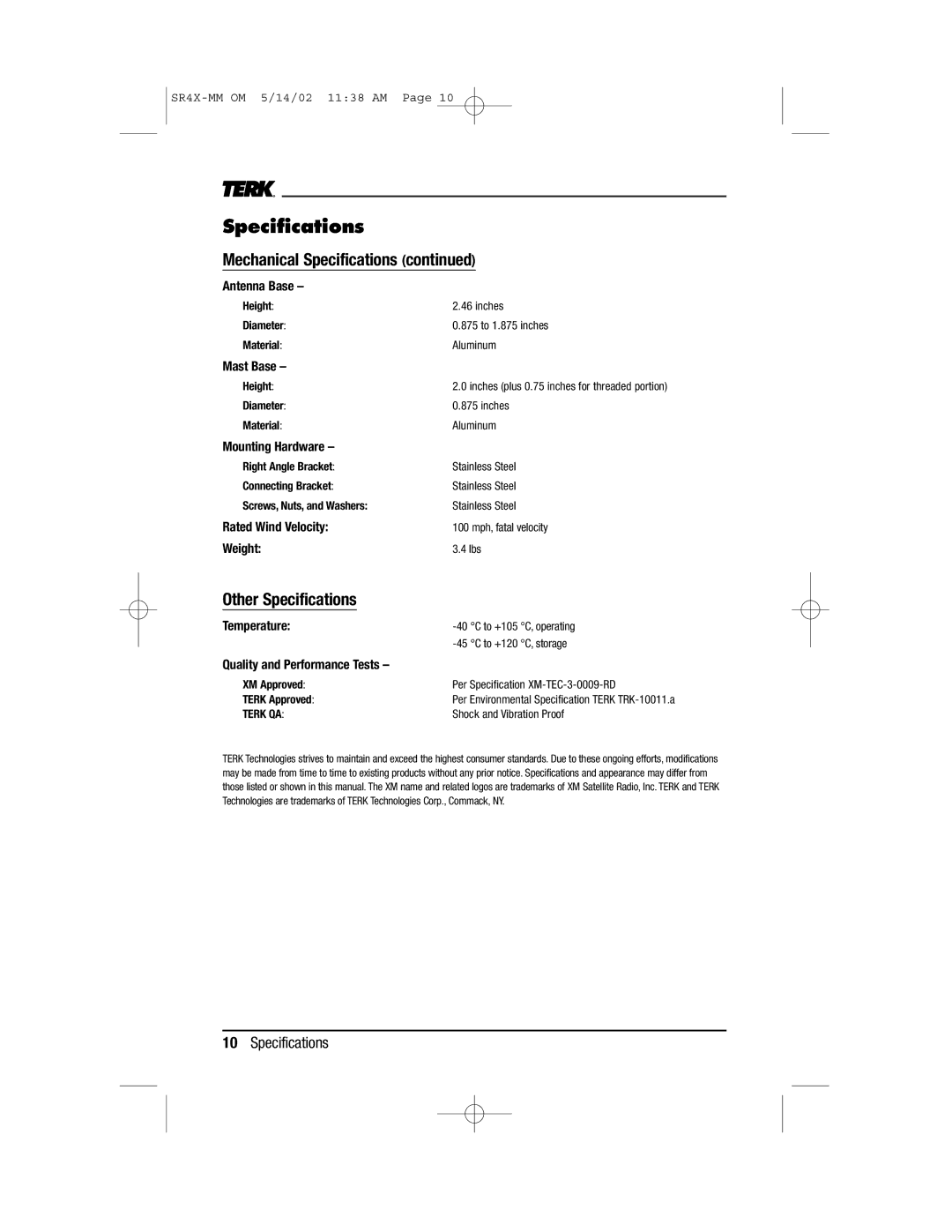 TERK Technologies MM owner manual Other Specifications 