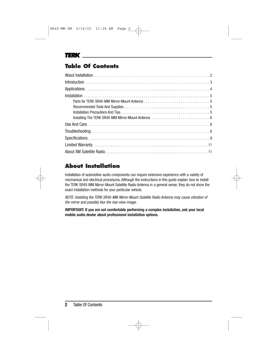 TERK Technologies MM owner manual Table Of Contents, About Installation 