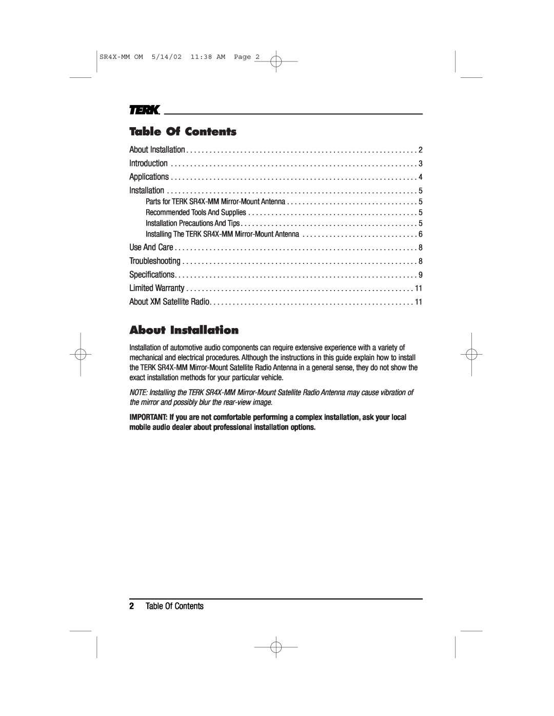 TERK Technologies MM owner manual About Installation, 2Table Of Contents 