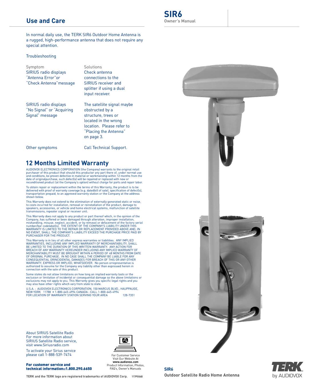 TERK Technologies SIR6 warranty Use and Care, Symptom Solutions, Input receiver 