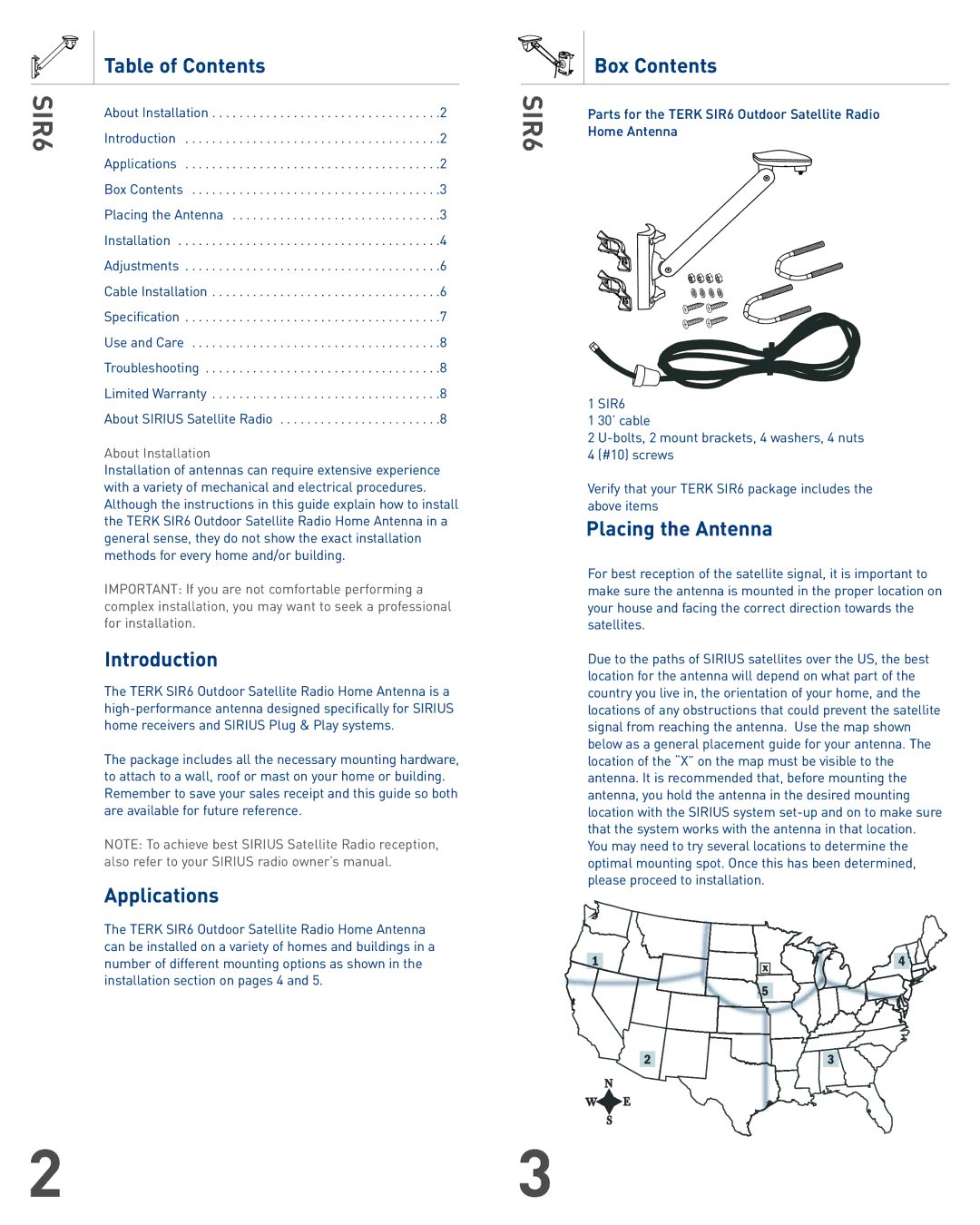 TERK Technologies SIR6 warranty Table of Contents, Introduction, Applications, Box Contents, Placing the Antenna 