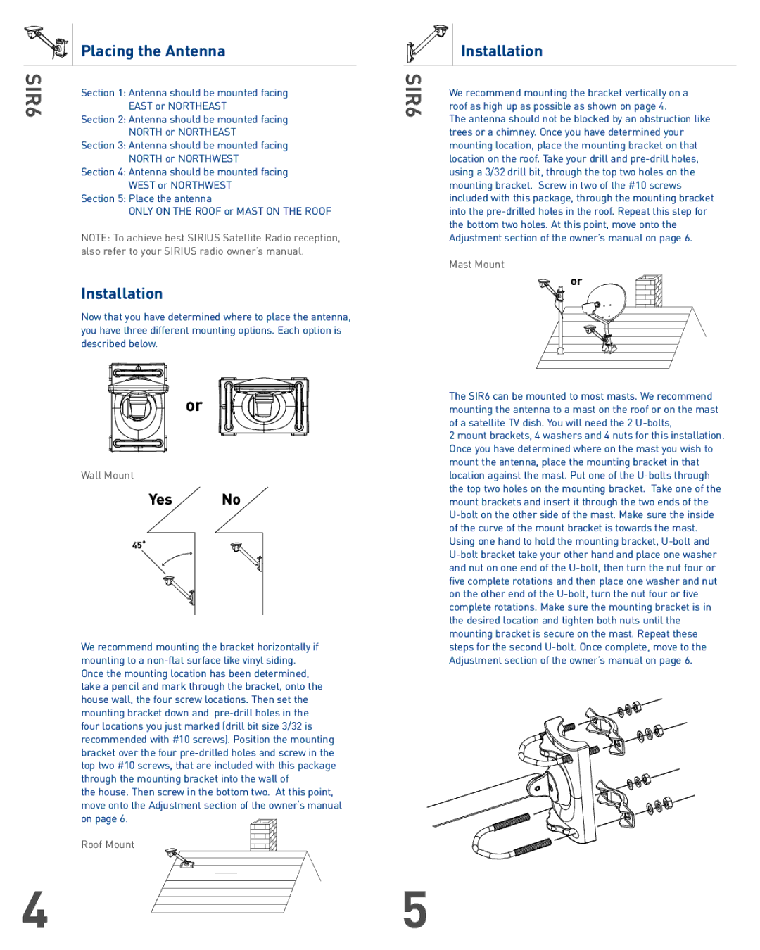 TERK Technologies SIR6 warranty Installation, Placing the Antenna, Wall Mount, Roof Mount, Mast Mount 