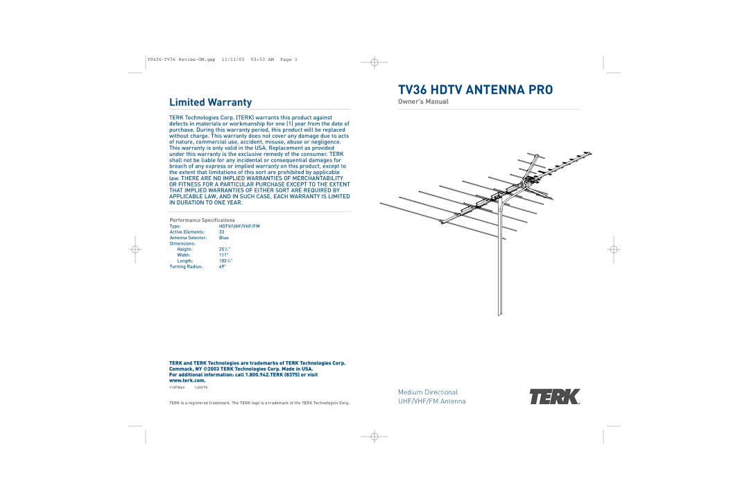 TERK Technologies owner manual TV36 Hdtv Antenna PRO 