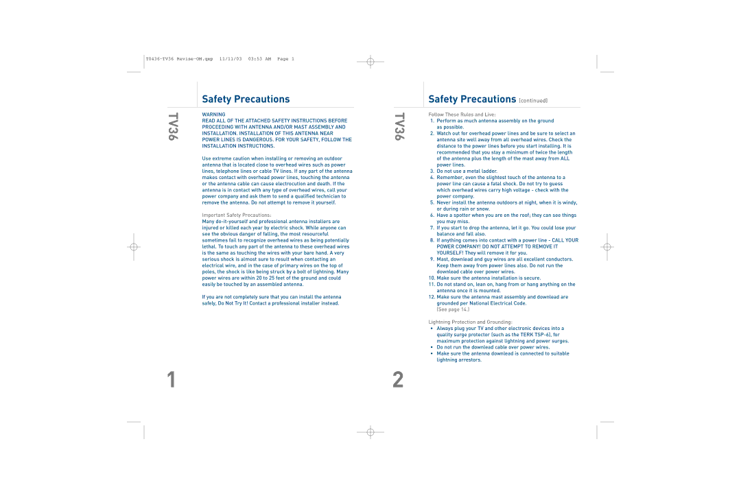 TERK Technologies TV36 Important Safety Precautions, Follow These Rules and Live, See Lightning Protection and Grounding 