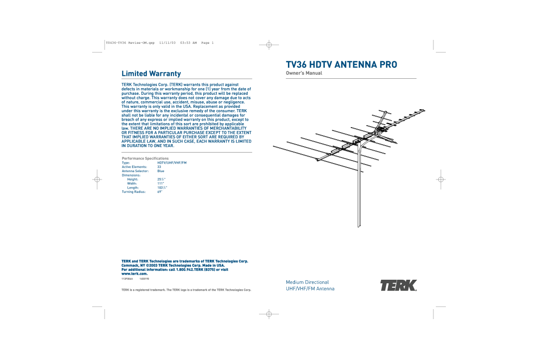 TERK Technologies owner manual Limited Warranty, TV36 HDTV ANTENNA PRO, Medium Directional UHF/VHF/FM Antenna 
