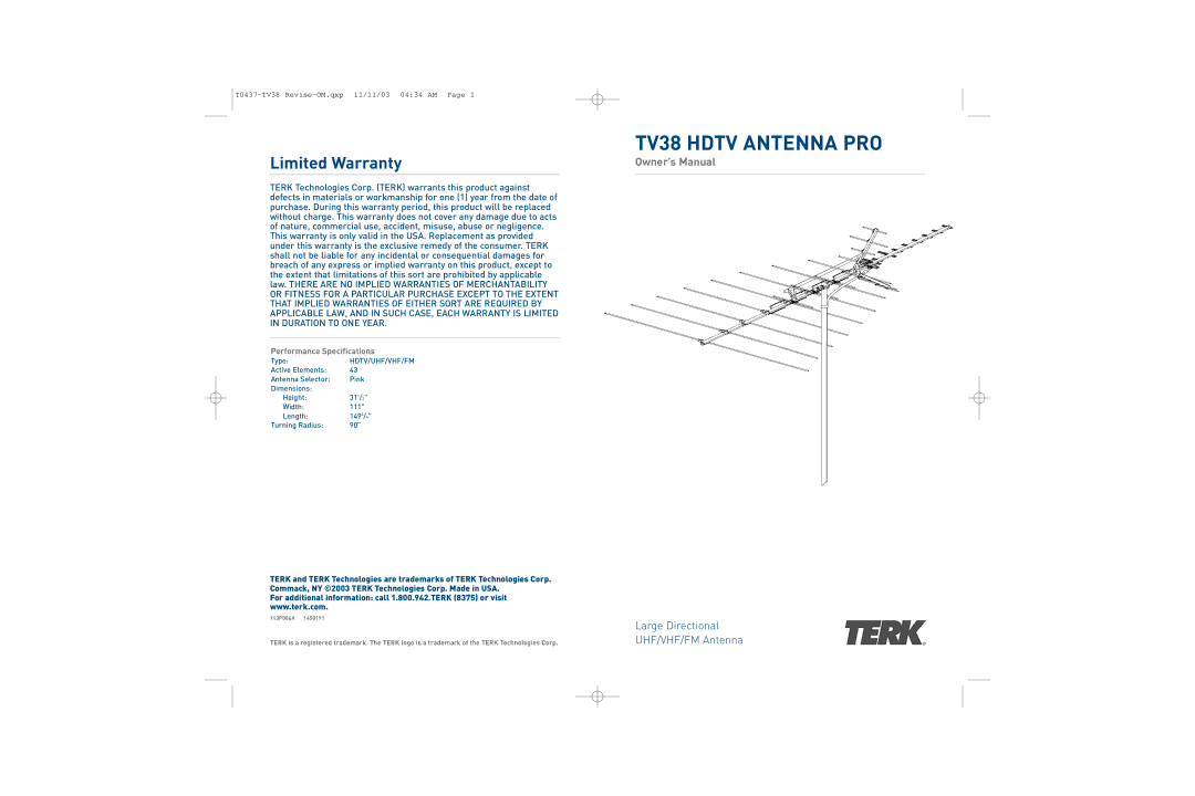 TERK Technologies TV38 HDTV owner manual Limited Warranty, Performance Specifications 