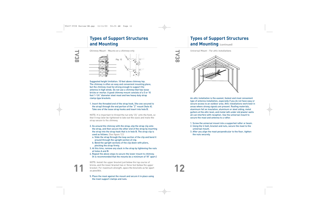 TERK Technologies TV38 HDTV owner manual Types of Support Structures and Mounting, Chimney Mount Mounts on a chimney only 