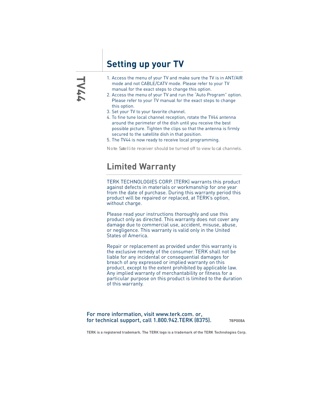 TERK Technologies TV44 manual Setting up your TV, Limited Warranty 