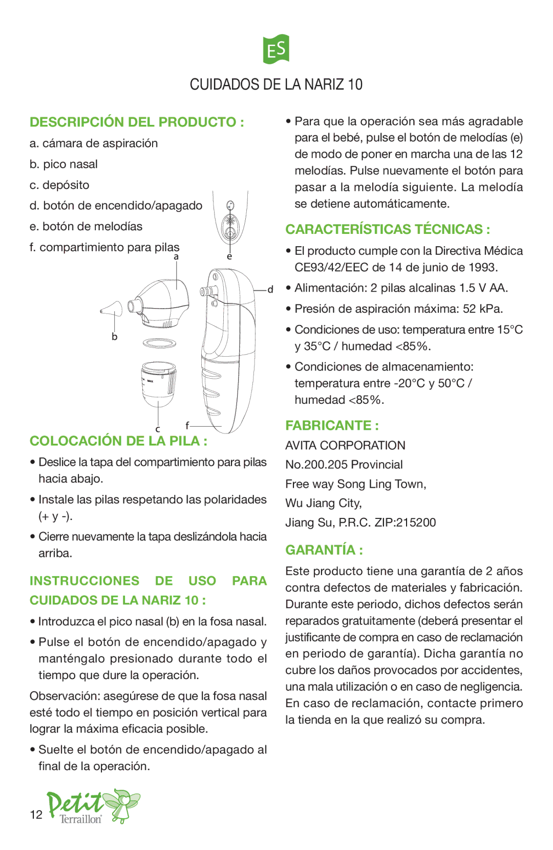 Terraillon 10 manual Descripción DEL Producto, Colocación DE LA Pila, Características Técnicas, Fabricante, Garantía 