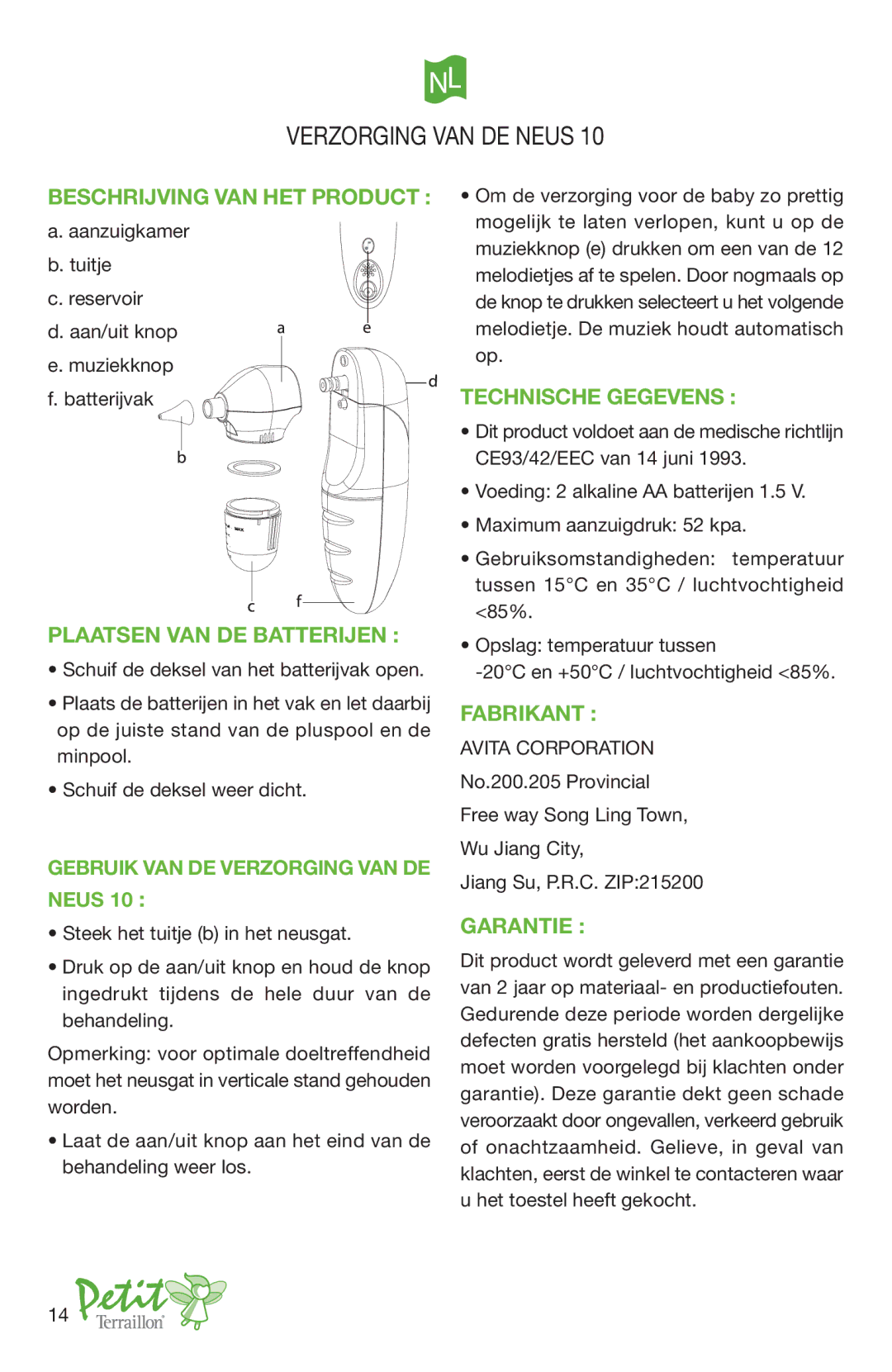 Terraillon 10 manual Beschrijving VAN HET Product, Plaatsen VAN DE Batterijen, Technische Gegevens, Fabrikant 