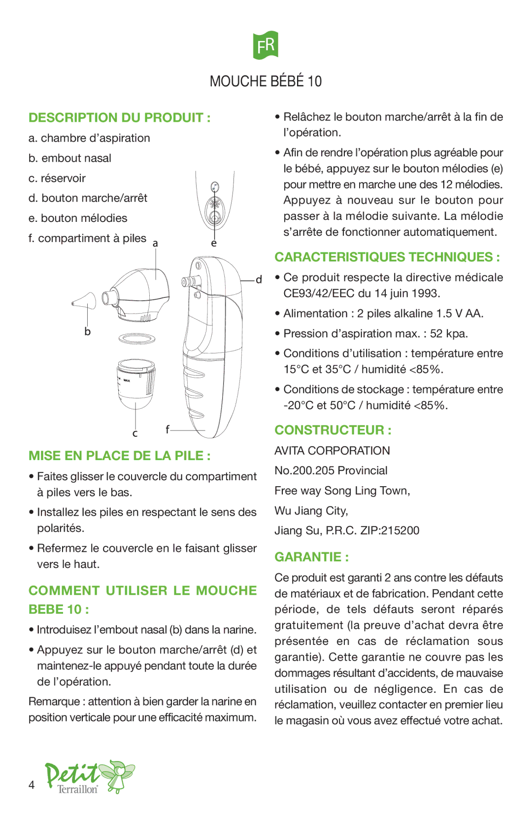 Terraillon 10 Description DU Produit, Caracteristiques Techniques, Mise EN Place DE LA Pile, Comment Utiliser LE Mouche 