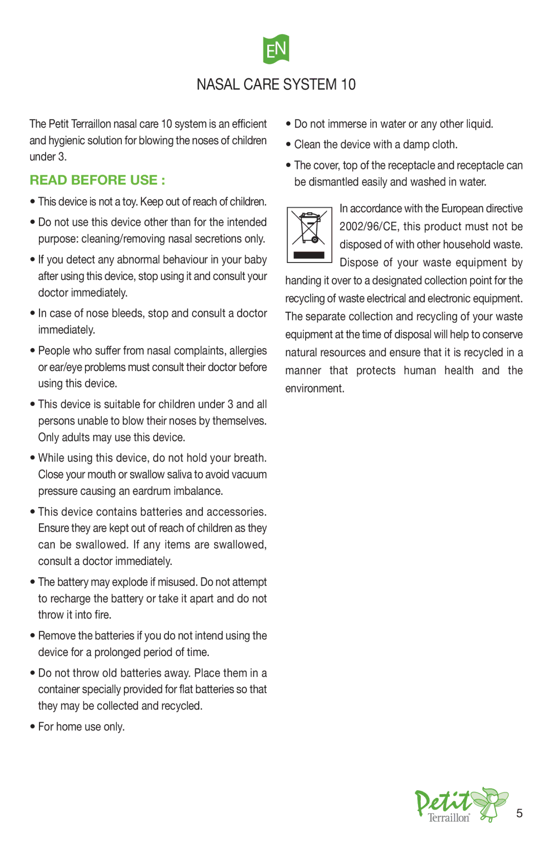 Terraillon 10 manual Nasal Care System, Read Before USE 