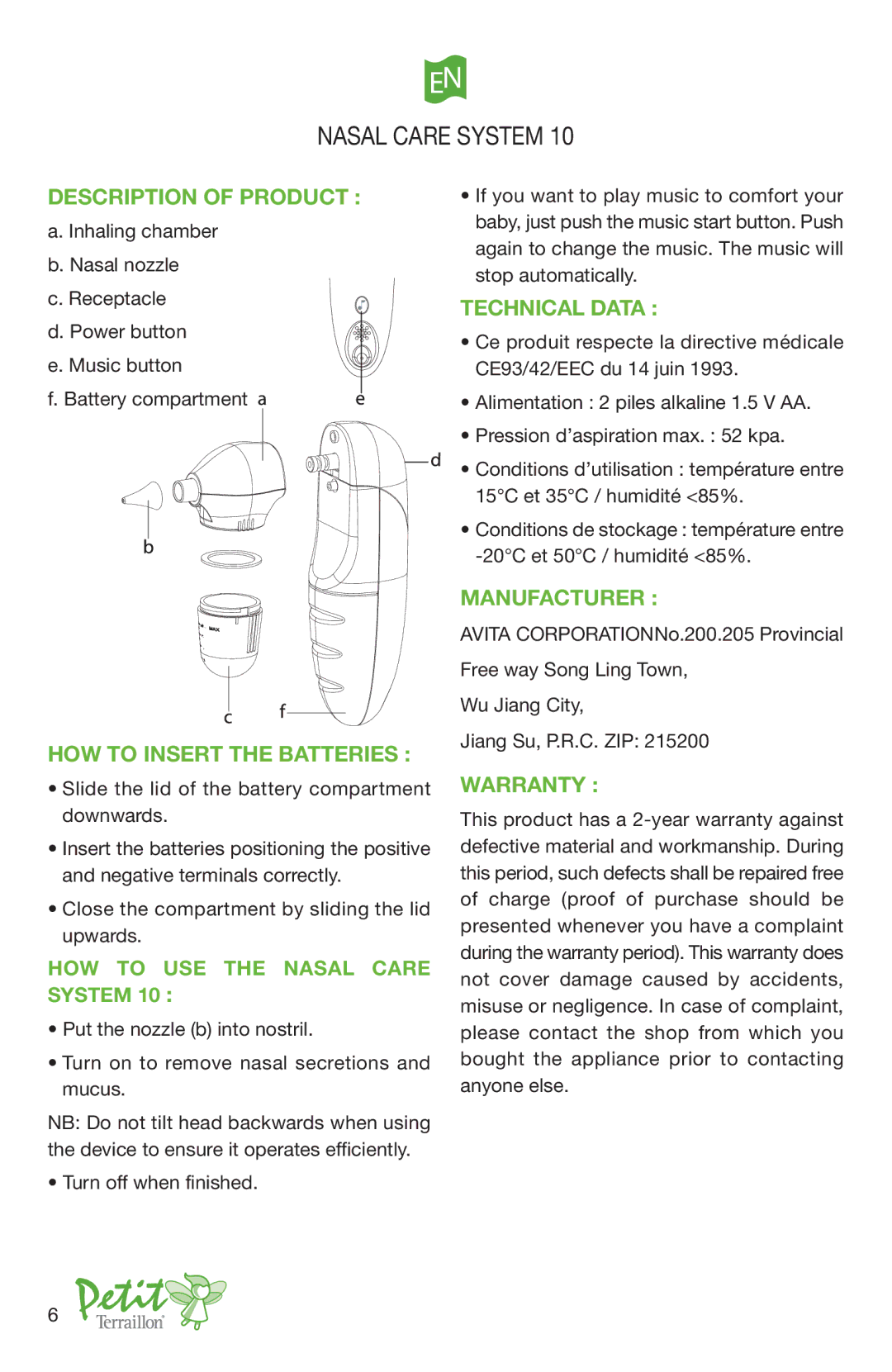 Terraillon 10 manual Description of Product, HOW to Insert the Batteries, Technical Data, Manufacturer, Warranty 