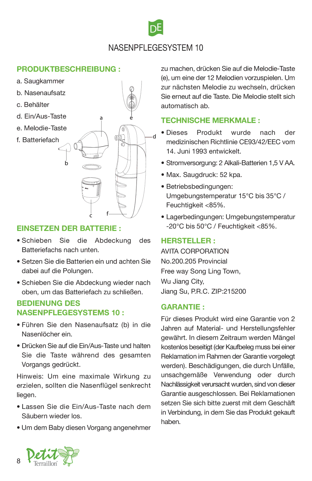 Terraillon 10 manual Produktbeschreibung, Einsetzen DER Batterie, Bedienung DES Nasenpflegesystems, Technische Merkmale 