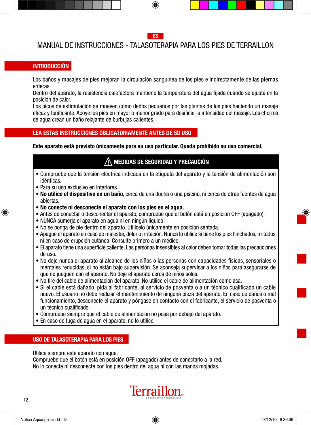 Terraillon IPX4 Introducción, LEA Estas Instrucciones Obligatoriamente Antes DE SU USO, Medidas DE Seguridad Y Precaución 