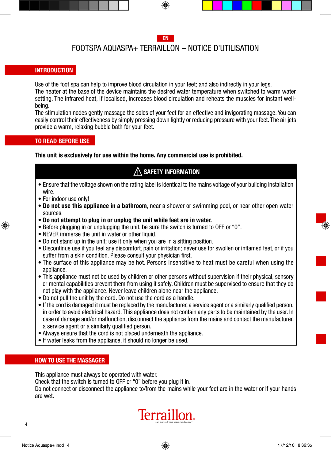 Terraillon IPX4 manual To Read Before USE, Safety Information, HOW to USE the Massager 