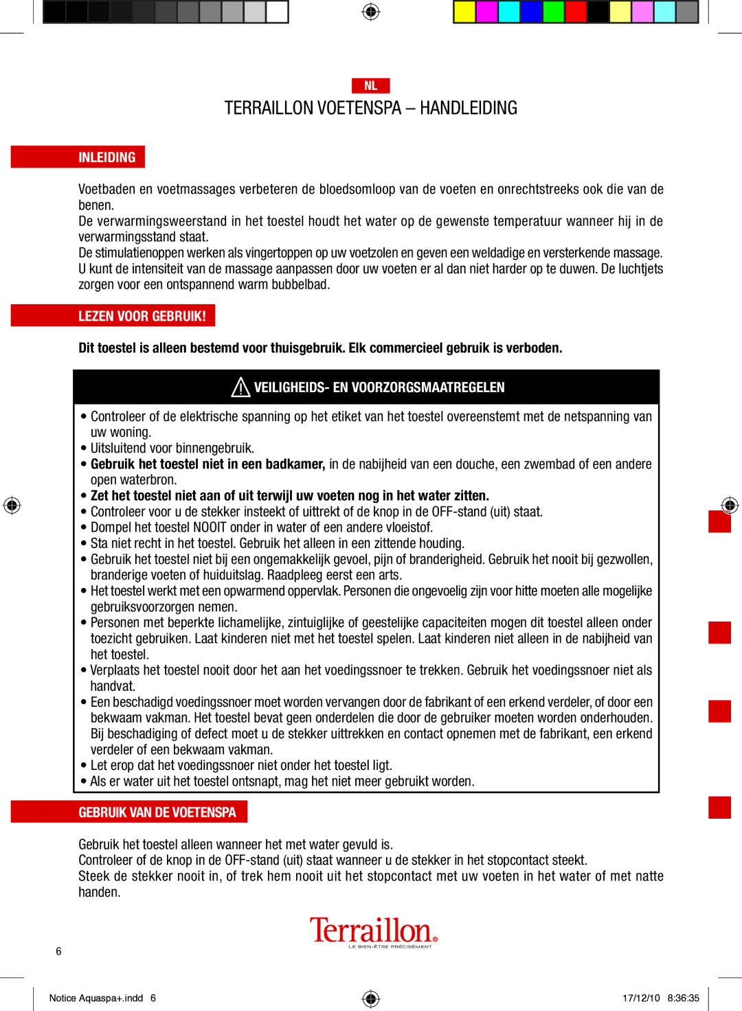 Terraillon IPX4 manual Inleiding, Lezen Voor Gebruik, VEILIGHEIDS- EN Voorzorgsmaatregelen, Gebruik VAN DE Voetenspa 