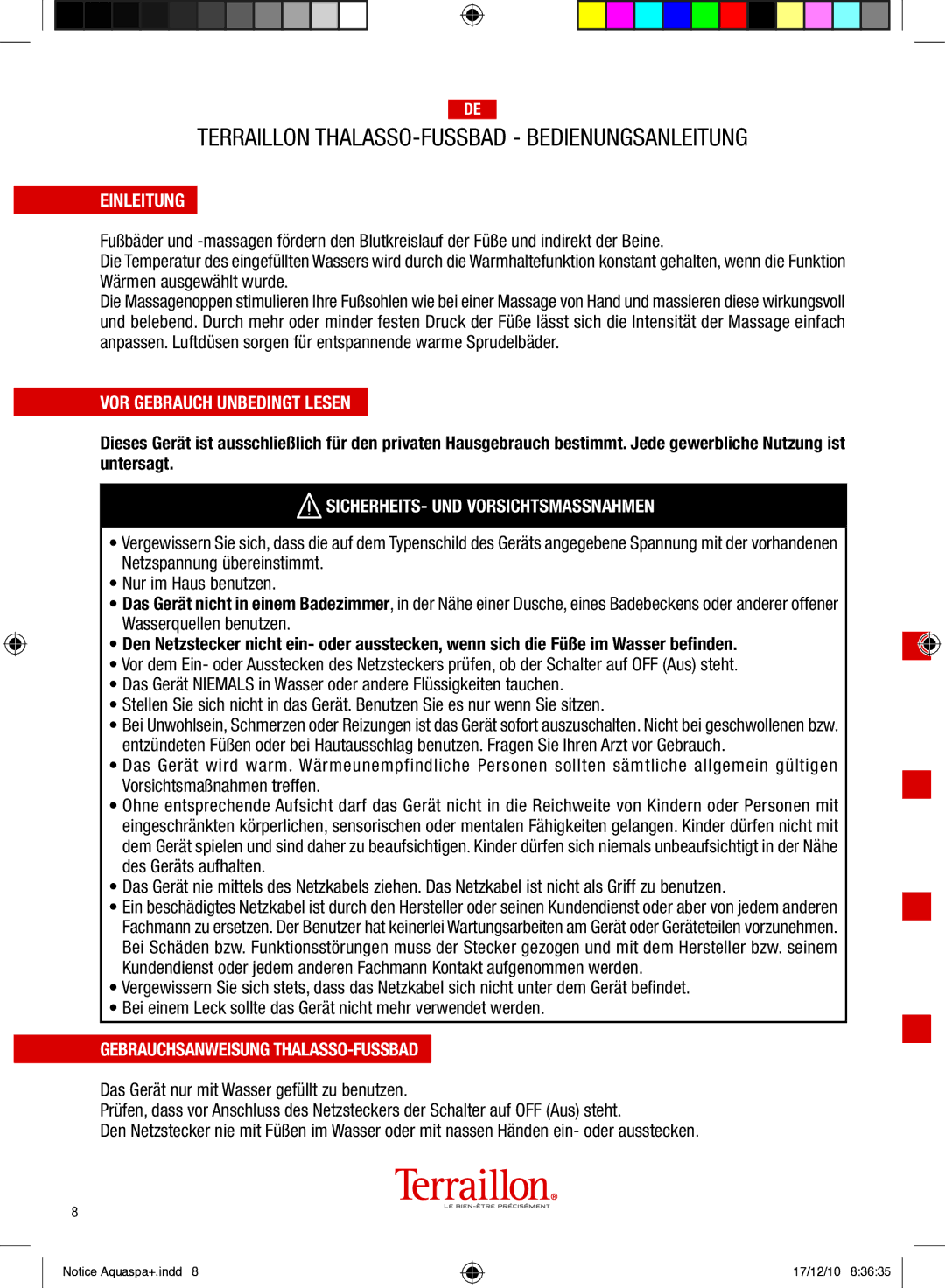 Terraillon IPX4 manual Einleitung, VOR Gebrauch Unbedingt Lesen, SICHERHEITS- UND Vorsichtsmassnahmen 