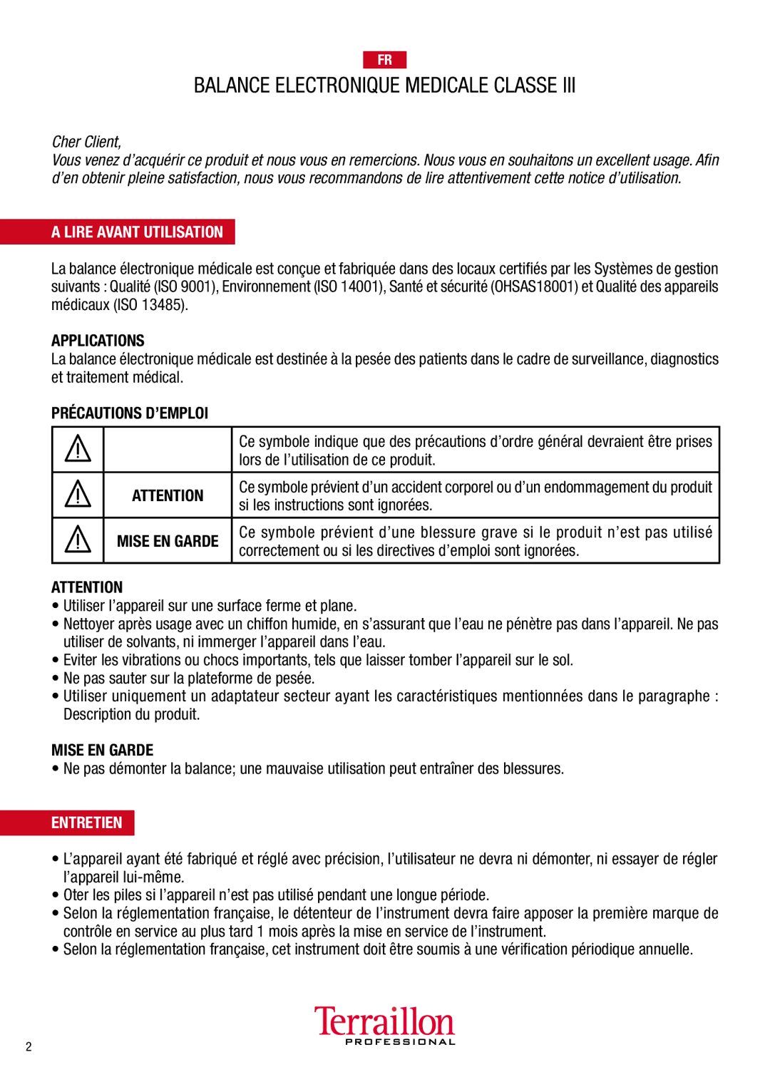 Terraillon TPR05200 manuel dutilisation Balance Electronique Medicale Classe, Lire Avant Utilisation, Entretien 