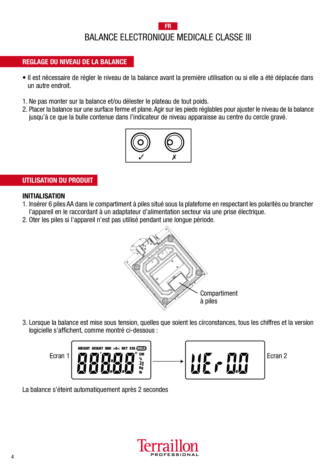 Terraillon TPR05200 manuel dutilisation Reglage DU Niveau DE LA Balance, Utilisation DU Produit, Initialisation 