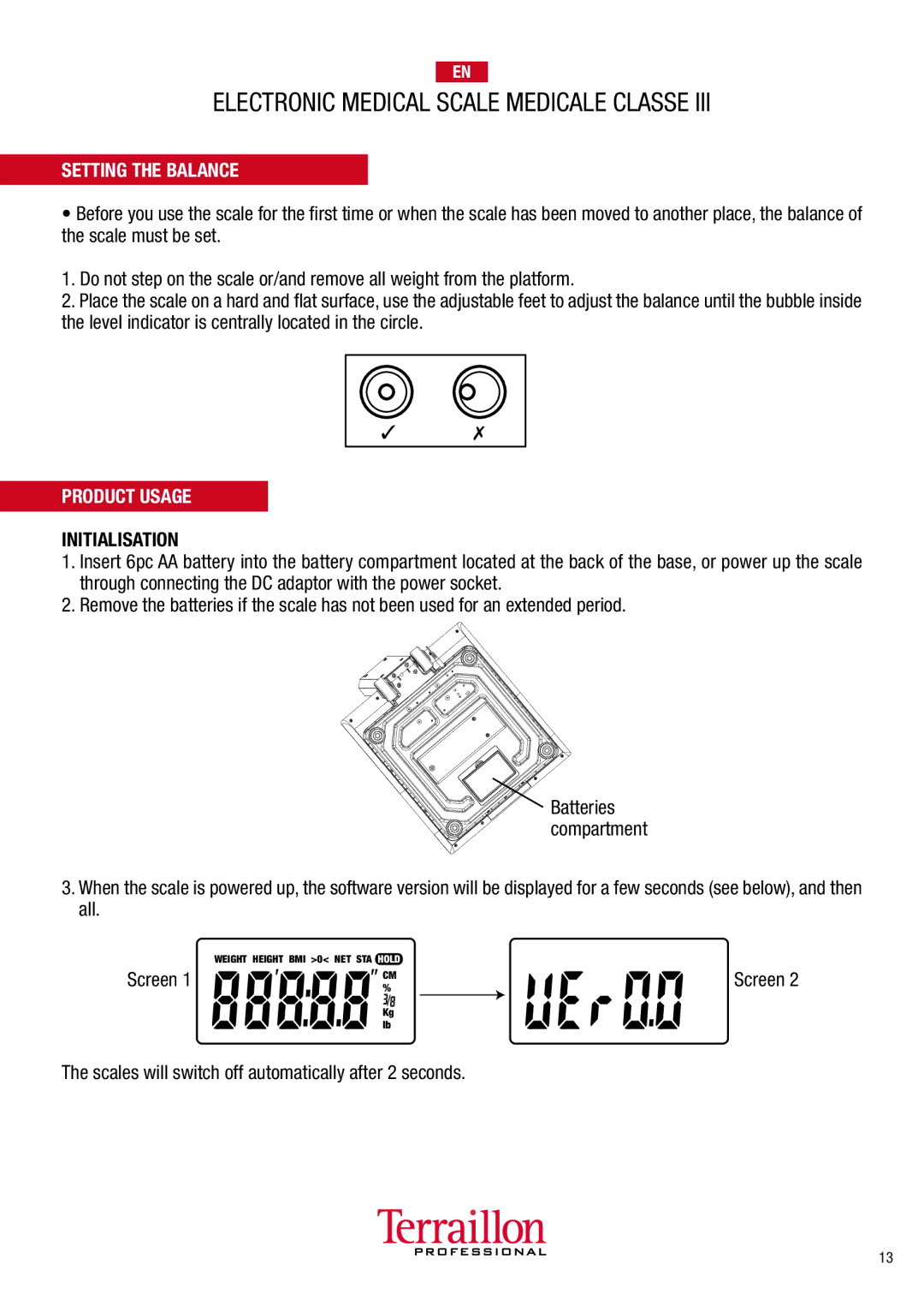 Terraillon TPR05300 Setting the Balance, Product Usage, Screen Scales will switch off automatically after 2 seconds 