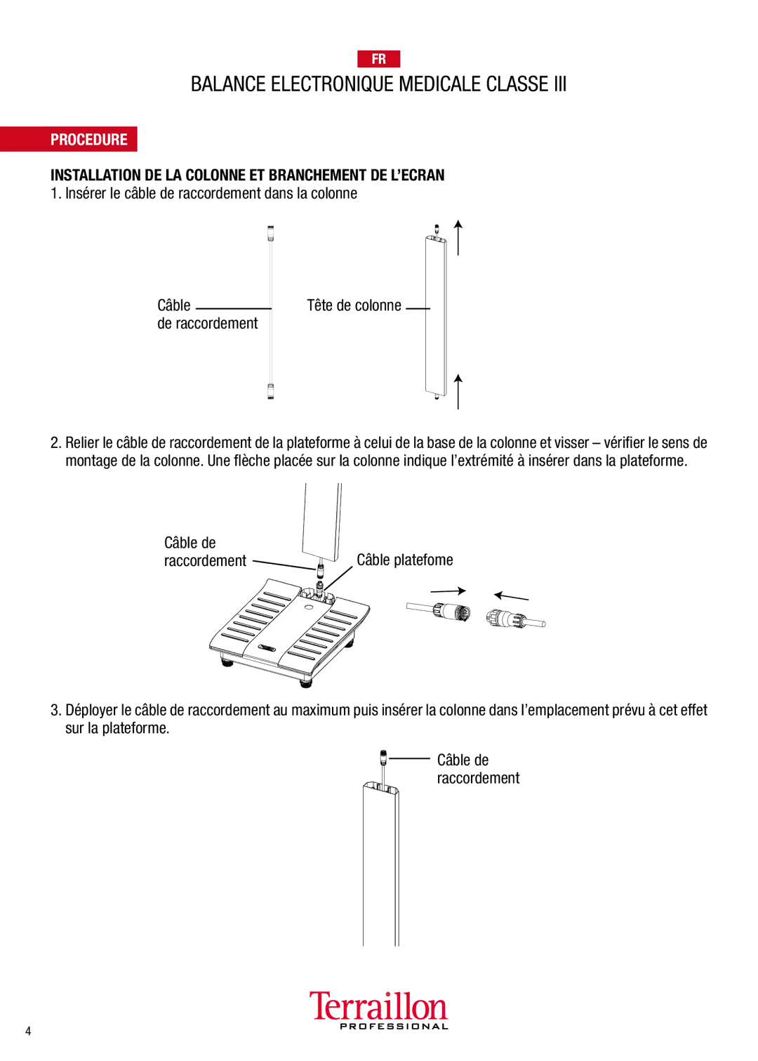 Terraillon TPR05300 manuel dutilisation Procedure, De raccordement, Câble de, Raccordement 