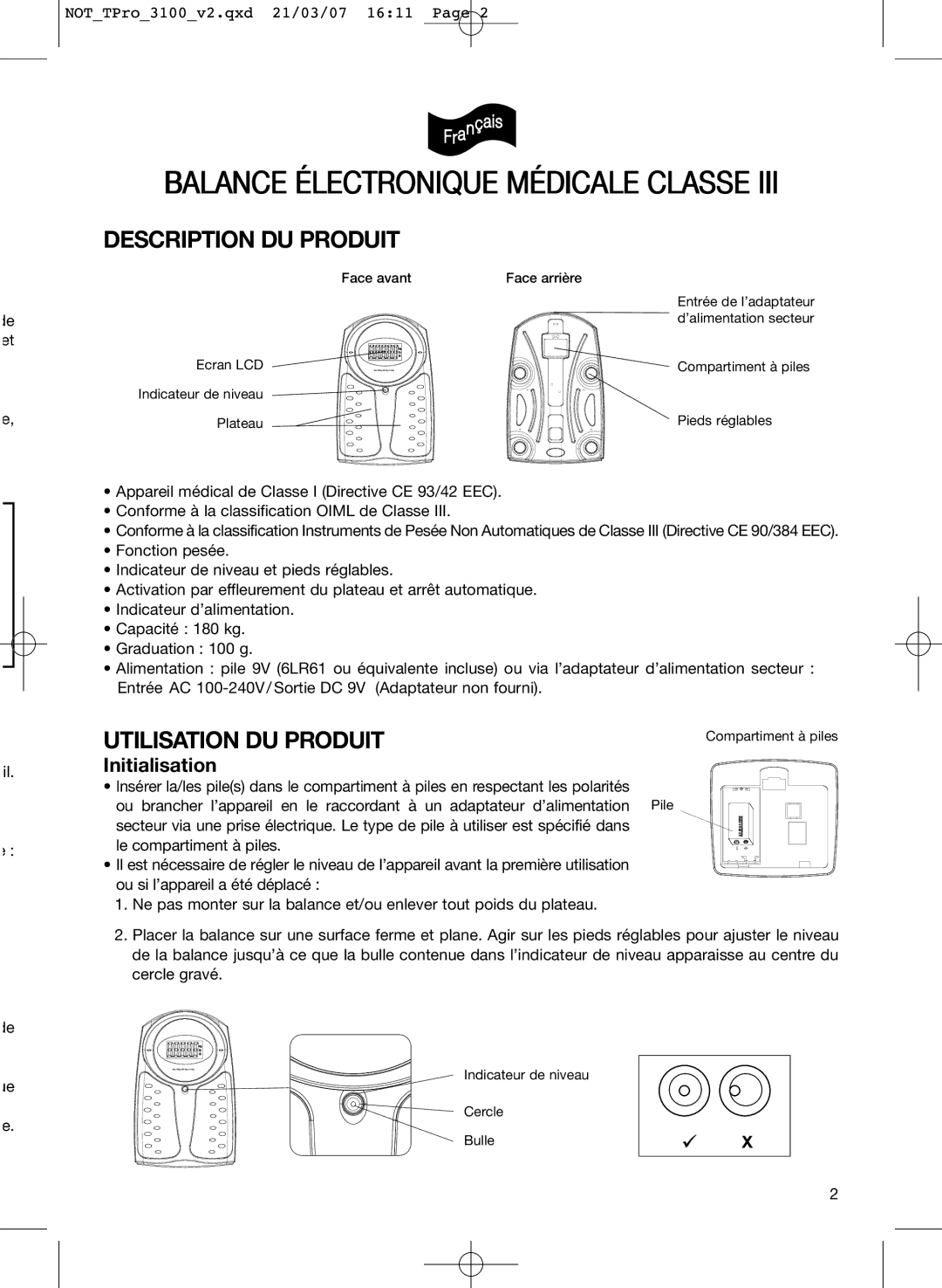 Terraillon TPRO3100 instruction manual Description DU Produit, Utilisation DU Produit, Initialisation 