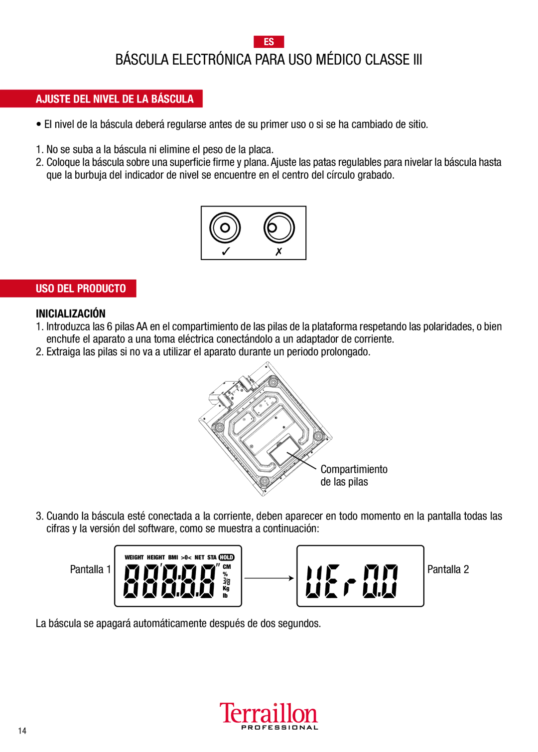 Terraillon TPRO5100 manuel dutilisation Ajuste DEL Nivel DE LA Báscula, USO DEL Producto, Inicialización 