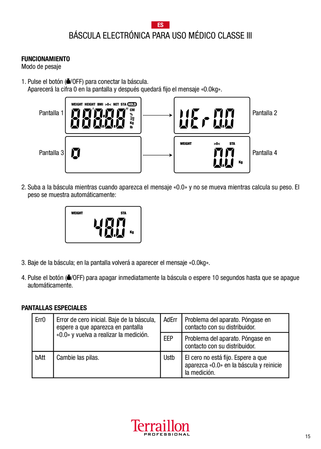 Terraillon TPRO5100 manuel dutilisation Funcionamiento, Pantallas Especiales 